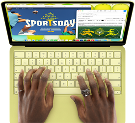 MacBook Neo, Farbe Zitrus, eine Person tippt auf der Tastatur und verfasst eine E-Mail Einladung zur Eröffnung eines Sportevents, die Website für das Event wird daneben angezeigt